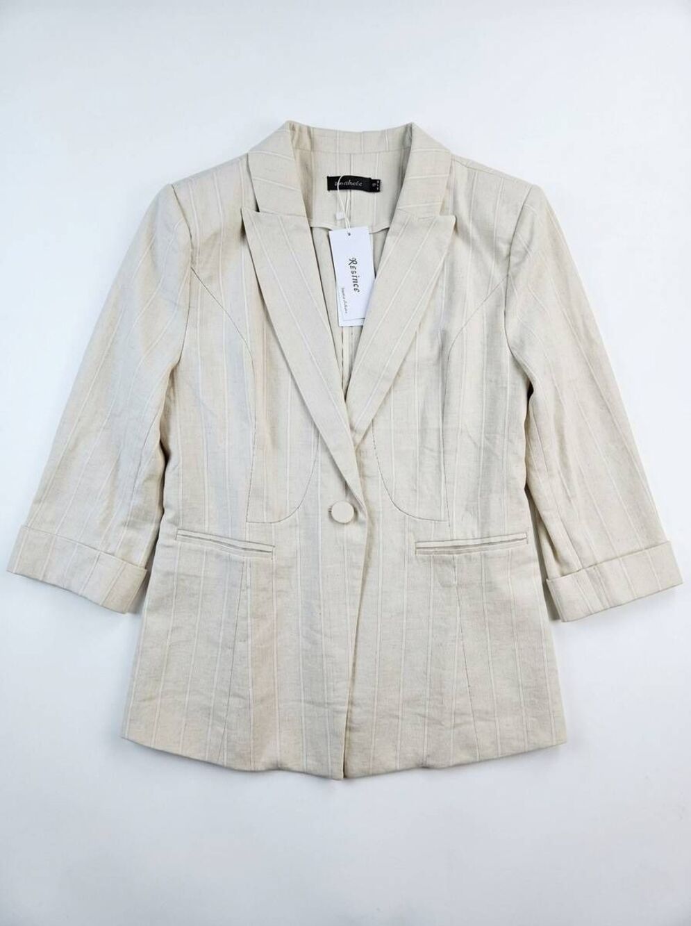 🩵NWT Cream Striped Lightweight 3/4 Sleeve Boyfriend Blazer Jacket Medium
